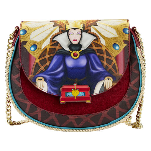 Red crossbody bag with velvet features and golden chain featuring the Evil Queen from Snow White on the front flap.